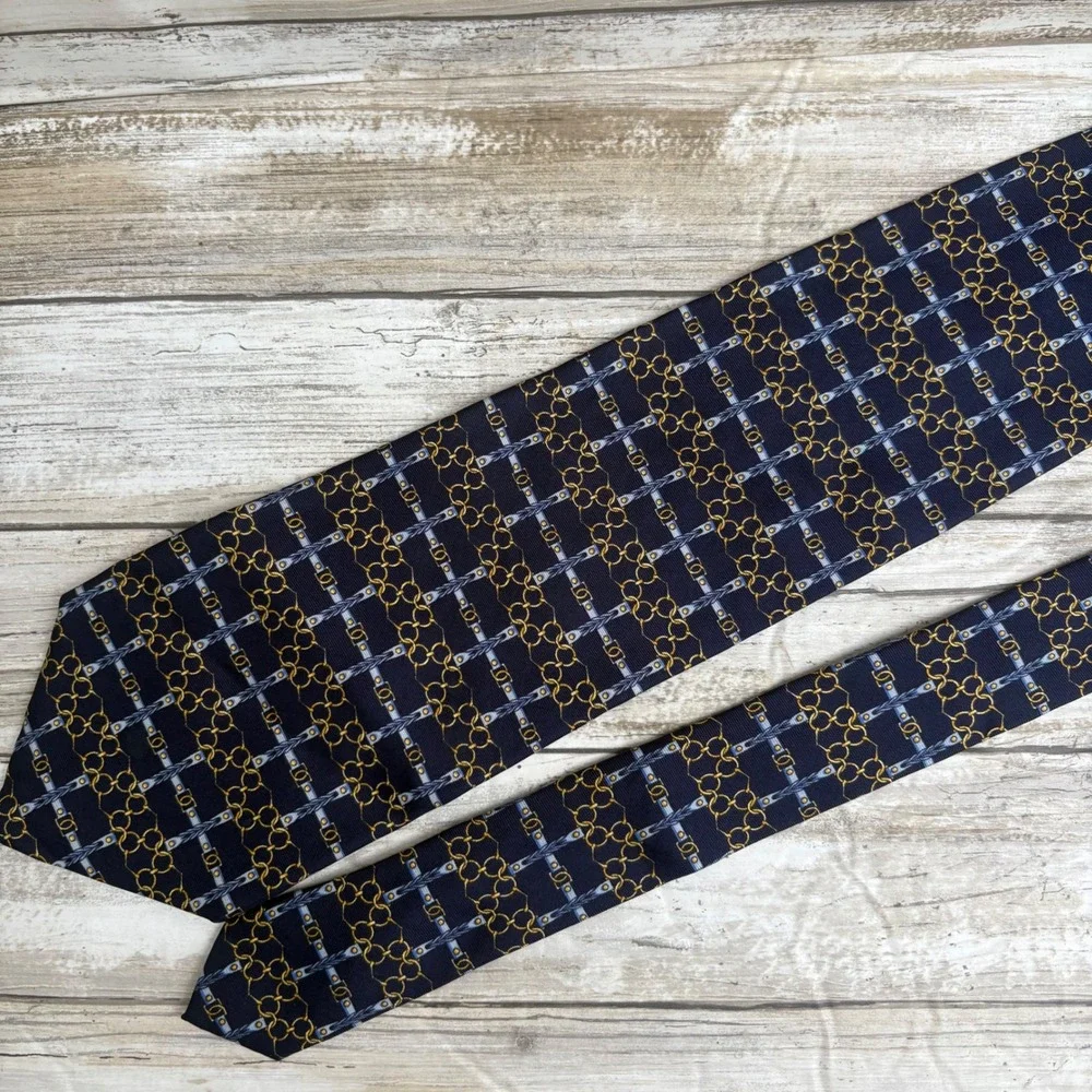 VTG Paolo Designed by Paolo Gucci Silk Tie OS Navy Bluer Equestrian Chain Italy